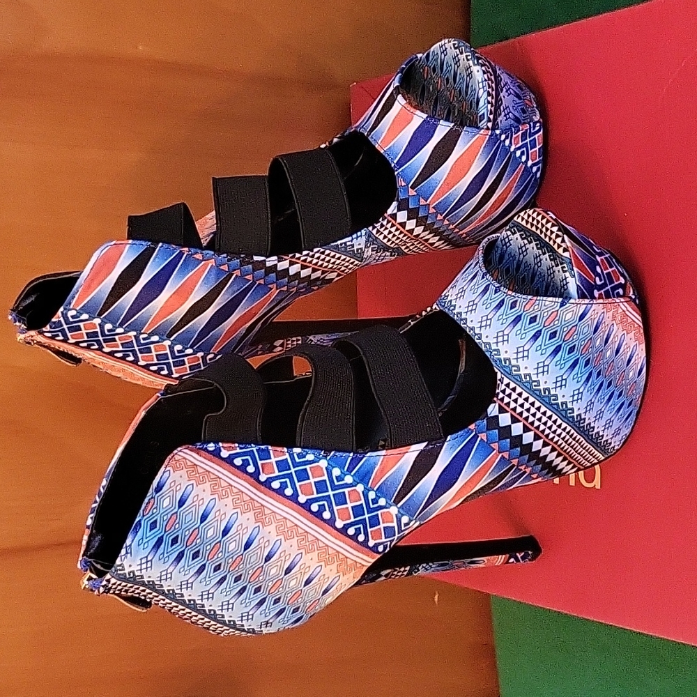 Womens Blue / Orange / Black / White Open-toe Heels